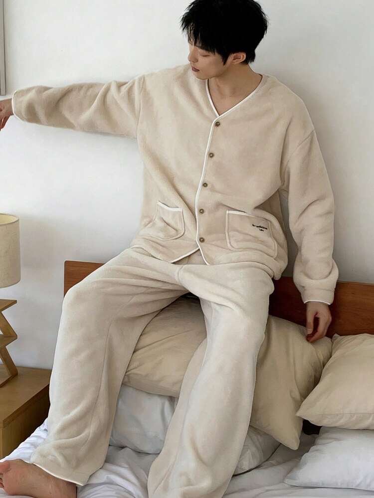 Men's Plush Fabric Letter Embroidered Cardigan Pajama Set, Apricot Color, Autumn/Winter