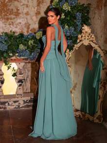 Glamrae 优雅朦胧蓝奢华手工串珠无肩带雪纺A字连衣裙（可拆卸亮片吊带），适合所有正式场合，晚礼服 - 霧霾藍 - 查看 4