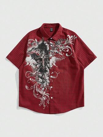 Grunge Punk Herren kariertes Kurzarm-Knopfhemd mit kreativem Muster, lässiges Sommerhemd