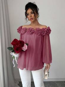 Rafferiza Women's Elegant Off Shoulder Chiffon Blouse, Soft & Smooth Matte Solid Color Fabric With 3D Floral Design, Versatile For Daily, Date, Party Wear Long Sleeve Top - Redwood - View 6
