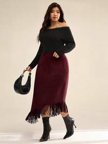 Auralis Plus-Size Women's Autumn/Winter Fashionable, Elegant, Comfortable, And Everyday Suede Burgundy Tassel Long Skirt,Fall Outfits,Women Bottom,Street Wear,Music Festival Outfits For Spring, Spring Outfits For Women Burgundy Skirt Fringe Skirt Maroon Skirt Western Skirt - Burgundy - View 5