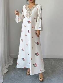 Yasmyna Women's Elegant Floral Print V-Neck Patchwork Lace Sequin Applique Flare Sleeve Loose Arabic Abaya Robe Dress Modest Caftan Dress - White - View 5