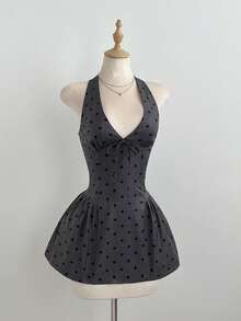 Elamini Women's Light Gray Polka Dot Tie-Up Bow Short Dress