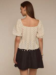 ATUI Studio Women's Elegant Polka Dot Print Tie Front Blouse, Summer Women's Polka Dot Lace Trimmed Sweetheart Neck Lace Up Front Pocket Bubble Sleeve Fashionable Shirt, Beautiful And Clean, A Must-Have For Girls To Fit Well, Summer Vacation, Vacation - White - View 5