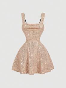 SHEIN MOD Sequin Contrast Mesh Black Party Dress - Dusty Pink - View 1