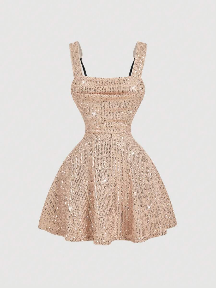 SHEIN MOD Sequin Contrast Mesh Black Party Dress - Dusty Pink - View 1