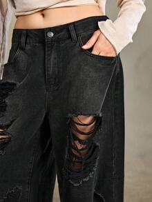 ROMWE EDITION Quần jean 2 trong 1 cạp siêu thấp dáng rộng phối nhiều mảnh vải kẻ caro kiểu retro - Nhiều màu - Xem 7