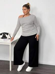 Truni Conjunto de 3 piezas para mujer talla grande con top corto de cuello halter, pantalones de pierna ancha y camiseta de manga larga con cuello asimétrico para primavera/otoño/invierno - Negro - Ver 7
