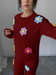 Selianne 女士酒红色圆领落肩3D立体花卉套头毛衣，搭配3D立体花卉直筒毛衣裤 - 酒紅色 - 查看 6