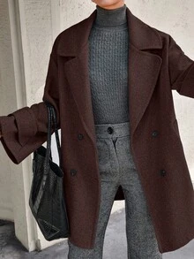 EURMUSE Oversized Boxy Double-Breasted Overcoat - Chocolate Brown - View 7