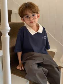 DAZY 男童字母印花撞色休闲短袖T恤 春季 - 藏蓝色 - 查看 4