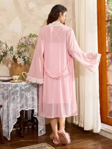 Côtesoire French Retro Elegant Dusty Pink Summer Home Pajama Set For Women, Mesh Lace Patchwork Robe And Slip Dress 2 Pieces Nightgown Nightwear - Pink - View 2