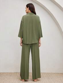 Ocili Women Soft Viscose & Cotton Blend Collared Mid-Sleeve 3/4 Pants Pajama Set With Shell Buttons, Comfortable Homewear, Chic Autumn - Green - View 3