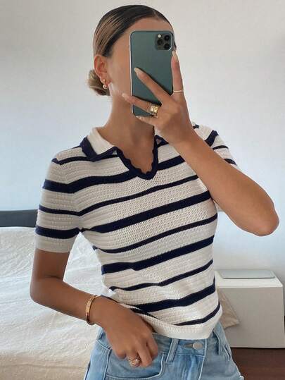 DAZY 女士撞色条纹翻领短袖休闲针织上衣，优雅春秋季款