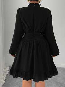 Elenzga Đầm midi dài tay ôm dáng, cổ đứng, bèo nhún, trang trí, dành cho nữ cỡ lớn, màu xanh navy, thanh lịch, thích hợp dự tiệc. - màu đen - Xem 2