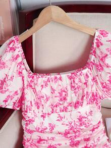 SHEIN Teen Girl Elegant Square Neck Puff Sleeve Floral Print Snug Fit Dress - Pink - View 4