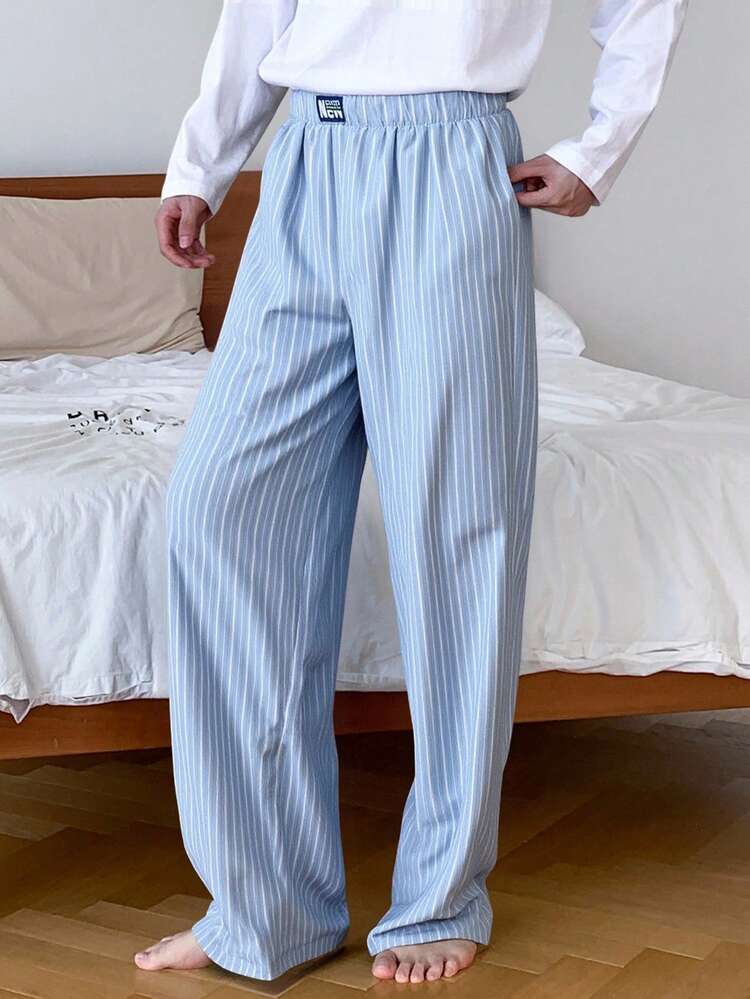 Men's Autumn Elastic Waist Blue Striped Lounge Pants