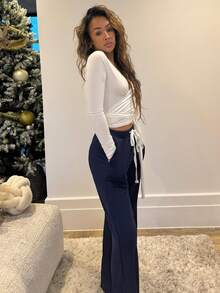 RebeccaVibe Grey 87 Embroidered Low Waist Waistband Contrast Ribbed Drawstring Tie Slant Pockets Straight Leg Loose Sweatpants, Casual Homewear, Daily Wear, Retro Sports, Minimalist Design, For Women, Spring/Summer - Navy Blue - View 6