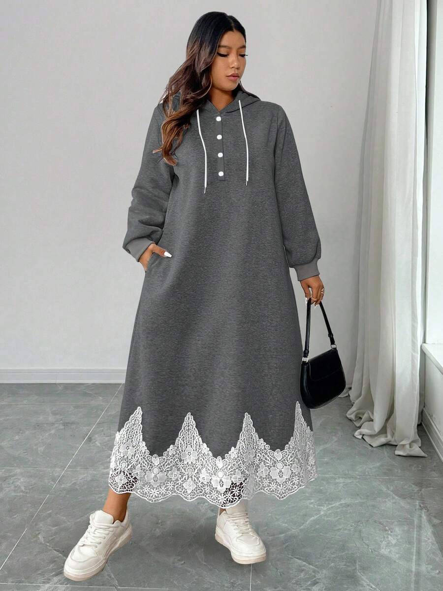 Elenzga 大码女式法式休闲印花长款卫衣连衣裙连帽连衣裙女式长袖长款休闲连衣裙端庄连衣裙卫衣连衣裙女式连衣裙 - 深灰色 - 查看 1