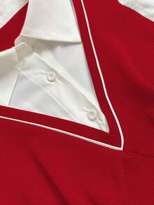 Elenzga Plus Size Women French Casual Elegant Patchwork Long Sleeve Dress, Autumn/Winter Preppy Dress Red Long Sleeve Dress Red Casual Dress French Style Dress Red And White Dress Women - Red - View 4