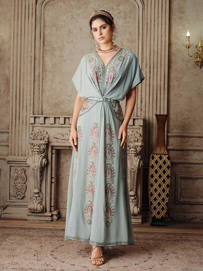 Anewsta Women's Elegant & Fashionable Beaded, Sequin Embroidered Long Dress With Belt, Green, Summer