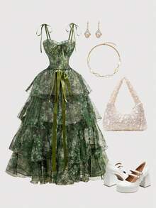 SHEIN MOD 复古油画全身花卉印花华丽二合一连衣裙，可拆卸多条裙子 - 宫廷风格、生日礼服、巡航礼服、堆叠礼服、花裙、绿色礼服、海滩度假装、夏装、茶会礼服、女士度假装、飘逸礼服、派对礼服、波西米亚服装、万圣节