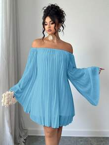 Elenzga 大码女式褶皱宽松舒适露肩直筒纯色连衣裙，休闲简约优雅，适合日常穿着、浪漫度假 - 藍色 - 查看 7