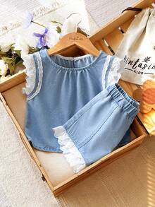 Baby Girl Cute Summer Blue And White Denim Vest&Shorts Set,Lace Flutter Sleeve Ruffle Trim Hollow Out Embroidery Casual Vacation Outfit For Beach - Medium Wash - View 3