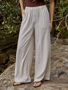 Aralina Pantalones casuales, elegantes y de lujo para mujer con cintura elástica y rayas, con pierna ancha, perfectos para looks de fiesta de Navidad y Año Nuevo - Multicolor - Ver 1