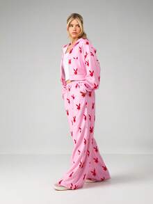 Missguided x Playboy 兔子印花阔腿抽绳运动裤，休闲慢跑裤，松紧腰带，宽松版型，舒适睡裤，宽松舒适 - 彩色 - 查看 4