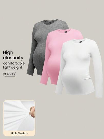 Modmama 3pcs/Set Maternity Casual Round Neck Long Sleeve Fitted Pregnancy T-Shirt Pregnancy Clothing Maternity Tops Pregnancy Shirts Postpartum Clothes Curve Maternity Clothes