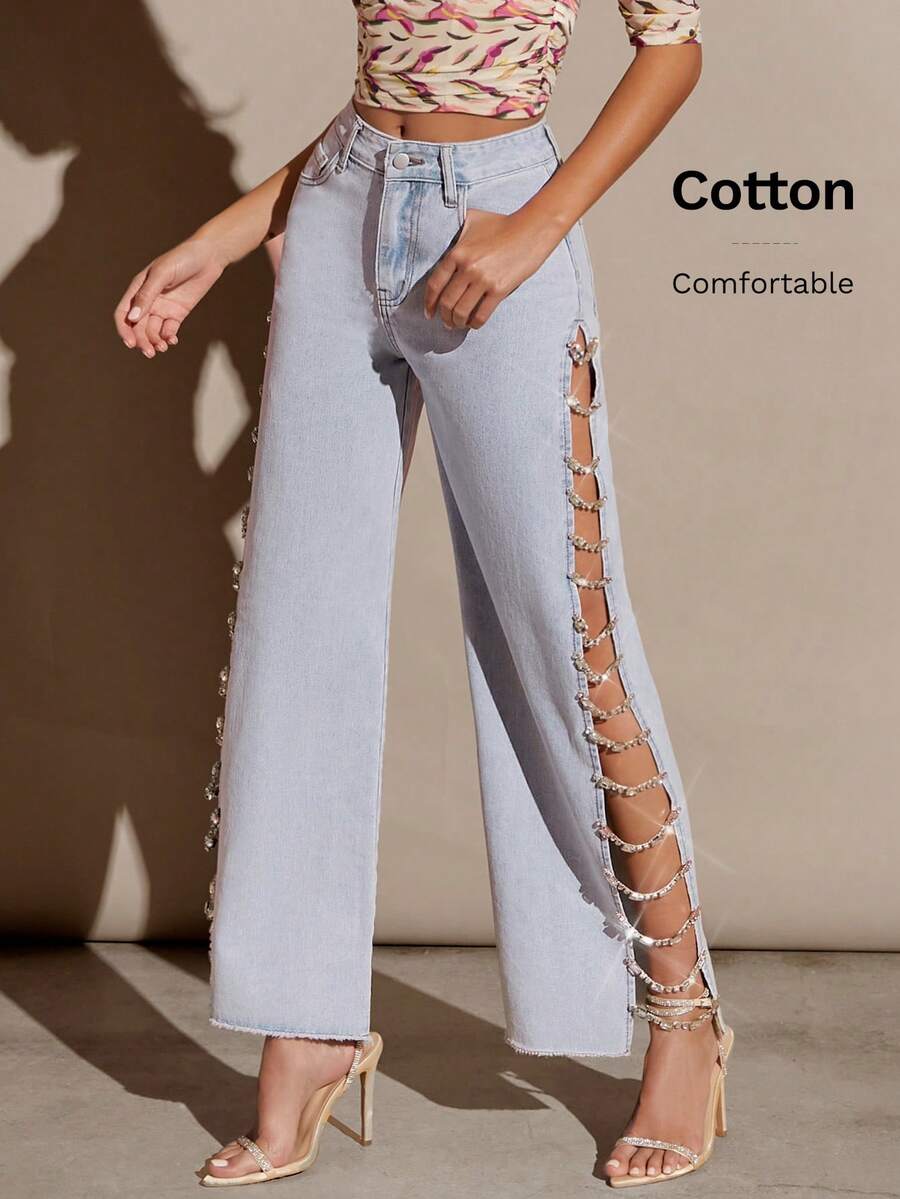 Denimoi 秋季女装，蓝色性感宽松浅色水洗牛仔开衩侧镶钻阔腿牛仔裤。适合日常穿着、外出、音乐会、节日等场合。 - 淺色水洗藍 - 查看 1