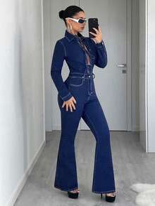 Jeanoix Bộ jumpsuit denim dài tay buộc dây tối giản màu trơn dành cho nữ, thích hợp mặc hàng ngày. - Rửa tối - Xem 4