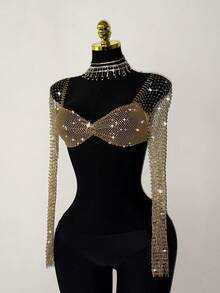 Jeanoix Women's Rhinestone Embellished Sheer Fishnet Cropped Top, Suitable For Holiday Parties And Gatherings - Champagne - View 7