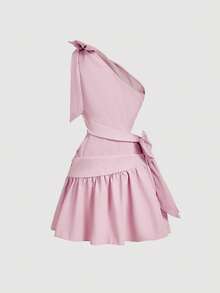 SHEIN MOD Summer Pink Asymmetrical Neck Bowknot Waist Short Dress With Pleats,Pastel Dresses For Women - Pink - View 2