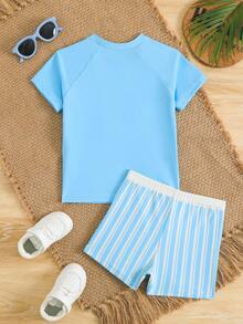 男童蓝色条纹印花短袖泳衣套装，休闲沙滩装 - 藍色 - 查看 2