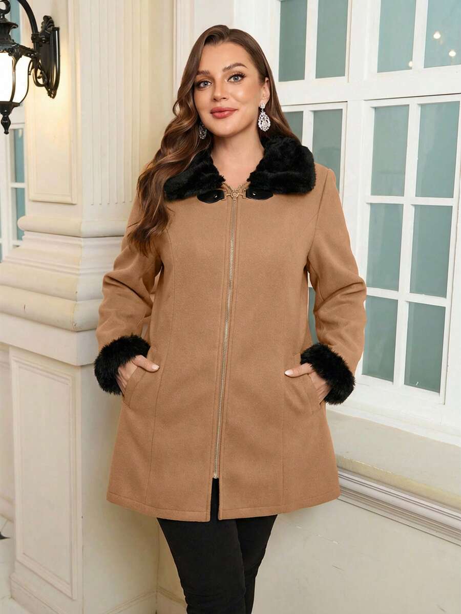 EMERY ROSE Plus Size Solid Color Faux Fur Patchwork Zipper Pocket Long Sleeve Wool Blend Coat, Winter Winter Coat Women Plus Size Winter Clothes Plus Size Jacket Coats For Women Plus - Khaki - View 1