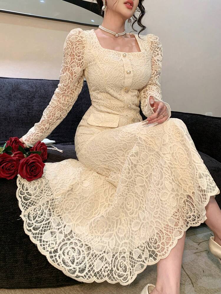 Women's Square Neck Long Sleeve Lace Fabric Fitted Midi Dress, Elegant Sundress