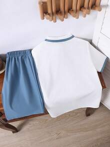 SHEIN Bộ 2 món đồ cho bé trai/thiếu niên: áo sơ mi tay ngắn dáng rộng, cổ áo phối màu tương phản, thoải mái mặc hàng ngày và quần short vải trơn. - Nhiều màu - Xem 4