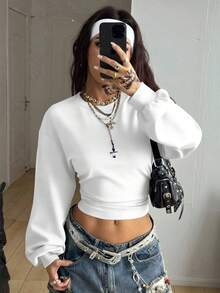 Coolane Damska, minimalistyczna, biała, puszysta bluza z długim rękawem i ściągaczem w pasie, uniwersalna i uliczna, odpowiednia na jesień/zimę