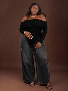 CurvyTilda Plus Size Solid Color Patch Pocket Casual Versatile Loose Wide Leg Baggy Jeans, Low Rise Baggy Jeans, Y2k Jeans, Winter, For Hourglass Body Shape - Black - View 3