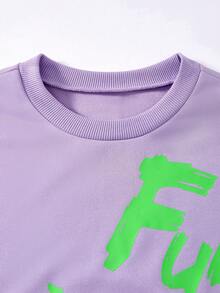 JNSQ Tween Girls 2-Piece Set: Loose Letter Print Round Neck Short Sleeve Sweatshirt + Relaxed Straight Leg Sweatpants, Suitable For Spring/Summer Outdoor Activities, Casual, Vacation, Street Style And Leisure - Purple - View 3