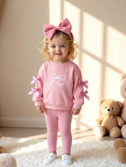 SHEIN Baby Girl Infant Toddler Newborn 0-3 Years Casual Daily Versatile Loose Butterfly Fleece Crew Neck Long Sleeve Sweatshirt + Leggings Set, Autumn/Winter