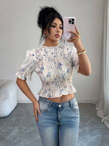 Elenzga 女士夏季新款纹理碎花度假风休闲荷叶边泡泡袖衬衫 - 彩色 - 查看 3