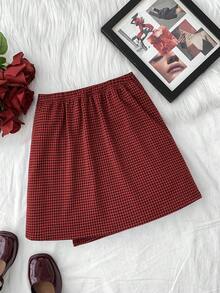 SHEIN 少女千鸟格A字裙，适合节日派对、新年等场合 - 紅色 - 查看 2