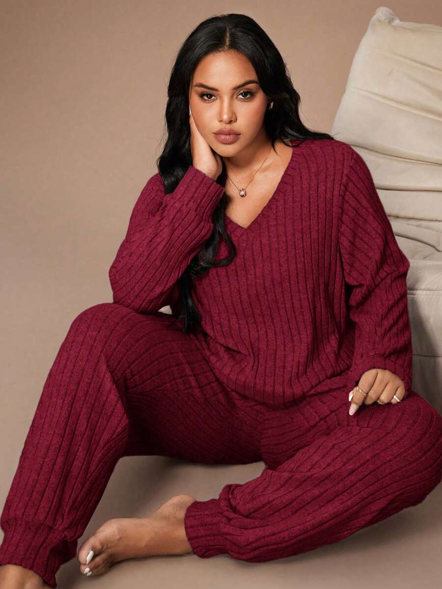 Lazeform Plus Size Knit Ribbed Fleece V-Neck Casual Minimalist Long Sleeve Pajama Set, Suitable For Loungewear - Red - View 1