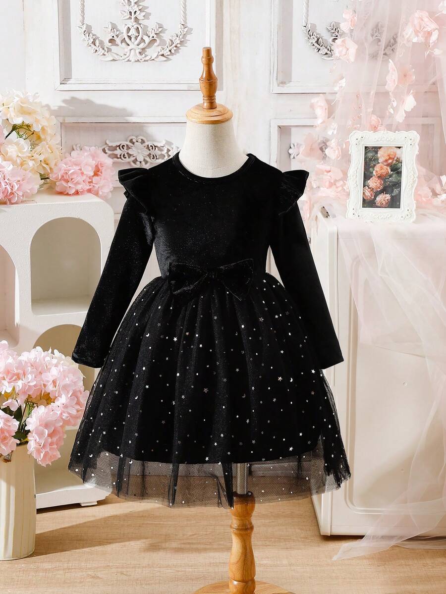 Glamorique Kids Váy Giáng sinh lưới sao nhung chắp vá màu đỏ mới cho bé gái, phù hợp cho mùa thu/đông, vải chất lượng, lưới sao mềm mại, thiết kế chắp vá nhung, phù hợp cho Giáng sinh và các dịp thường ngày - màu đen - Xem 1