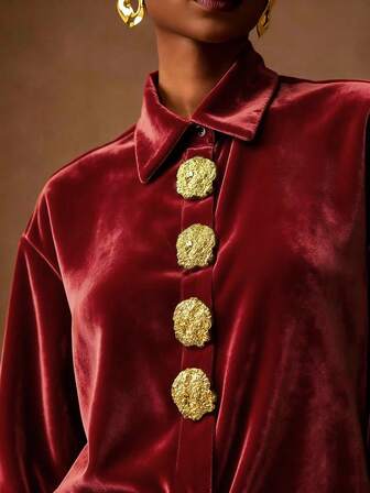 Vesra Elegant Velvet Gold Button Women Shirt