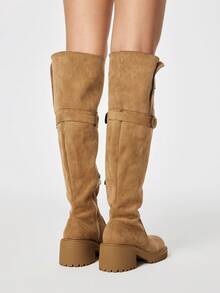 ROMWE 女士时尚百搭通勤搭扣粗跟过膝长靴 - 卡其色 - 查看 5