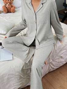 Dream Adore 女士宽松舒适针织领长袖睡衣套装 - 灰色 - 查看 3
